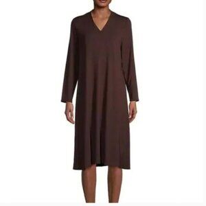 EILEEN FISHER BROWN LONG SLEEVE V-NECK VISCOSE BLEND STRETCH JERSEY MAXI DRESS